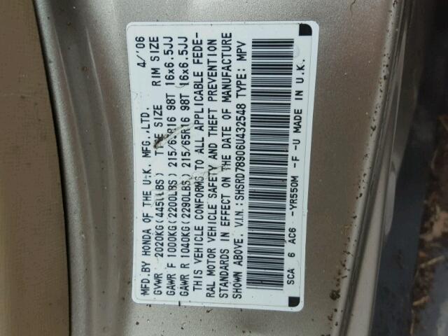 SHSRD78906U432548 - 2006 HONDA CR-V SE GOLD photo 10