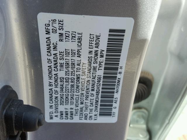 2HKRM3H48GH524661 - 2016 HONDA CR-V SE SILVER photo 10