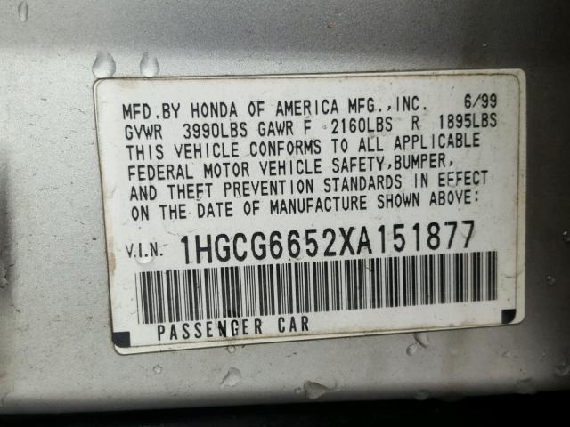 1HGCG6652XA151877 - 1999 HONDA ACCORD LX SILVER photo 10