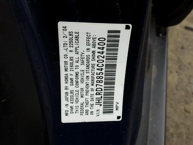 JHLRD78854C024400 - 2004 HONDA CR-V EX BLUE photo 10