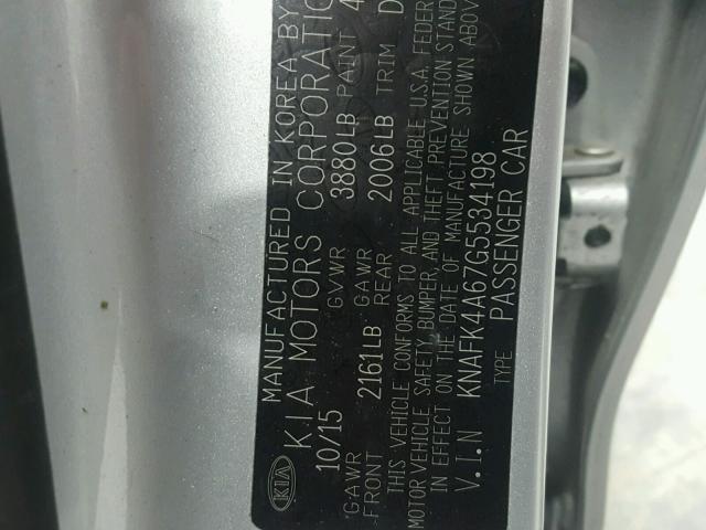 KNAFK4A67G5534198 - 2016 KIA FORTE LX SILVER photo 10