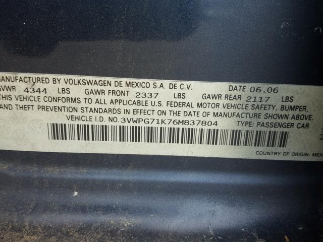 3VWPG71K76M837804 - 2006 VOLKSWAGEN JETTA VALU BLUE photo 10