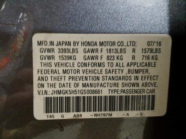 JHMGK5H51GS008661 - 2016 HONDA FIT LX رمادي صورة 10