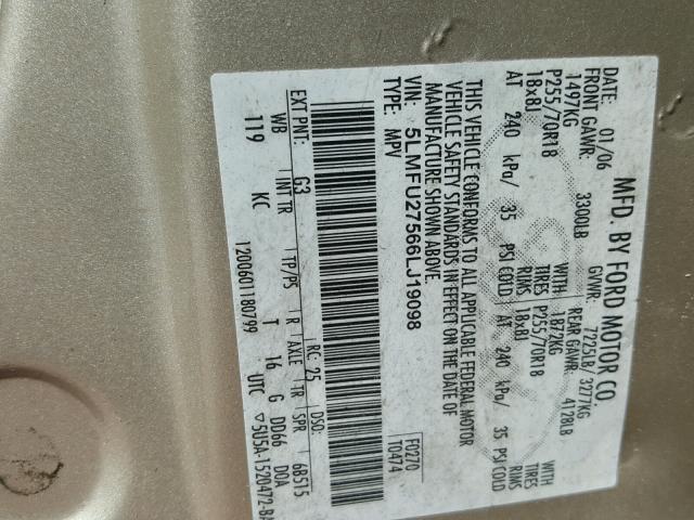 5LMFU27566LJ19098 - 2006 LINCOLN NAVIGATOR GOLD photo 10