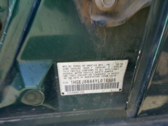 1HGEJ8644YL016886 - 2000 HONDA CIVIC EX Yaşıl foto 10