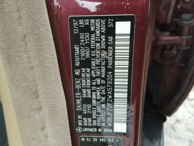 WDBJF70F2WA579204 - 1998 MERCEDES-BENZ E 430 MAROON photo 10