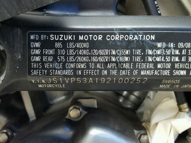 JS1VP53A192100252 - 2009 SUZUKI SV650 BLUE photo 10