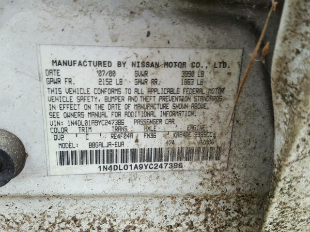 1N4DL01A9YC247386 - 2000 NISSAN ALTIMA XE WHITE photo 10