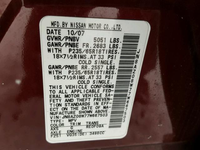 JN8AZ08W77W667503 - 2007 NISSAN MURANO SL BURGUNDY photo 10