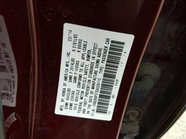 1HGCR6F57EA006115 - 2014 HONDA ACCORD HYB BURGUNDY photo 10