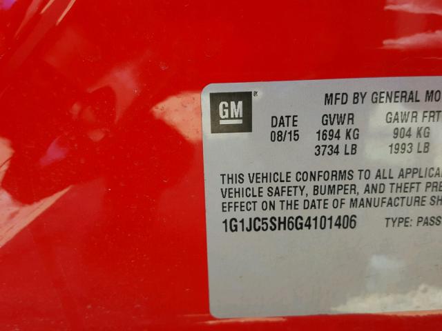 1G1JC5SH6G4101406 - 2016 CHEVROLET SONIC LT RED photo 10