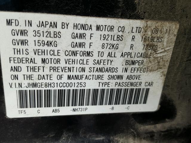 JHMGE8H31CC001253 - 2012 HONDA FIT BLACK photo 10