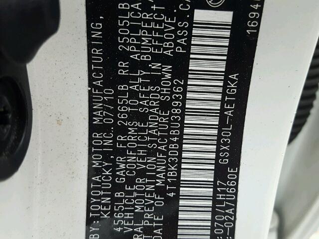 4T1BK3DB4BU389362 - 2011 TOYOTA AVALON BAS WHITE photo 10