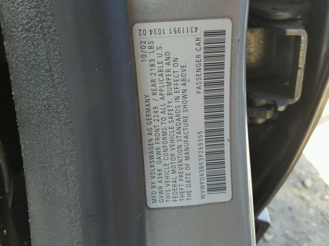 WVWPD63B53P259355 - 2003 VOLKSWAGEN PASSAT GLS GRAY photo 10