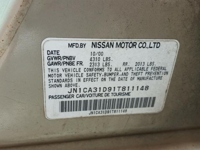 JN1CA31D91T811148 - 2001 NISSAN MAXIMA GXE GOLD photo 10