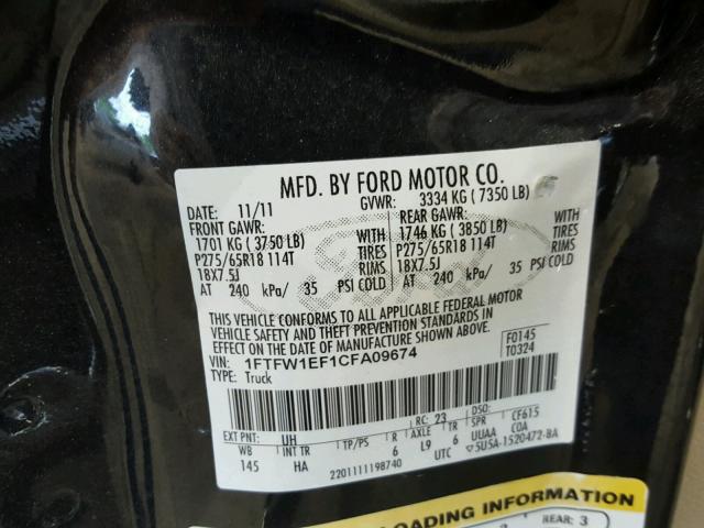 1FTFW1EF1CFA09674 - 2012 FORD F150 SUPER BLACK photo 10