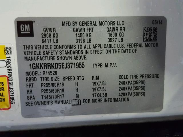 1GKKRRKD5EJ371955 - 2014 GMC ACADIA SLT თეთრი ფოტო 10