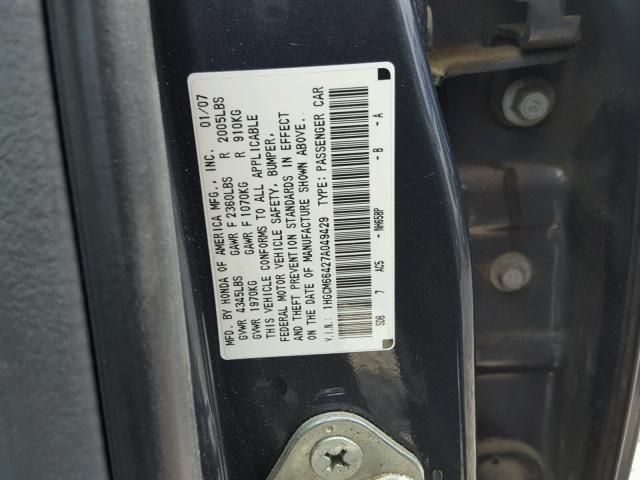 1HGCM66427A049429 - 2007 HONDA ACCORD SE BLUE photo 10