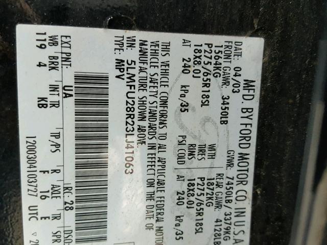 5LMFU28R23LJ41063 - 2003 LINCOLN NAVIGATOR შავი ფოტო 10