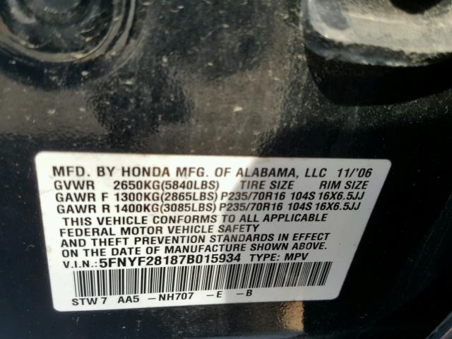 5FNYF28187B015934 - 2007 HONDA PILOT LX BLACK photo 10