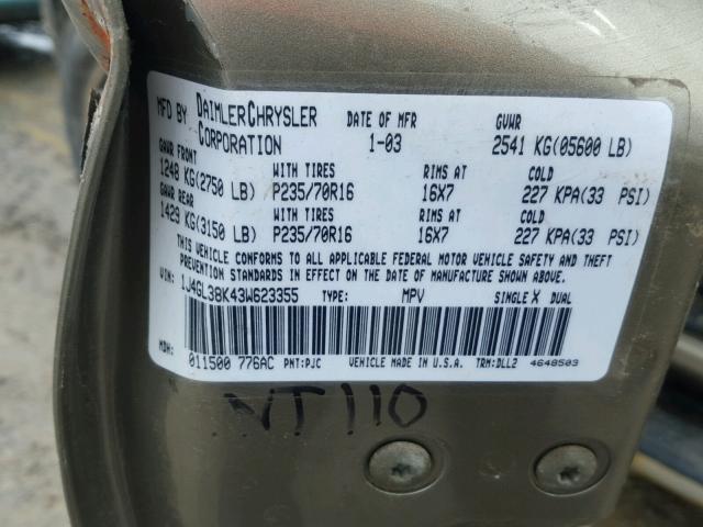 1J4GL38K43W623355 - 2003 JEEP LIBERTY RE TAN photo 10