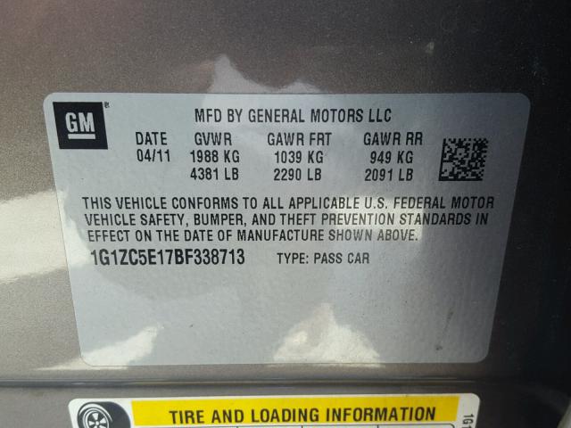 1G1ZC5E17BF338713 - 2011 CHEVROLET MALIBU 1LT ყავისფერი ფოტო 10