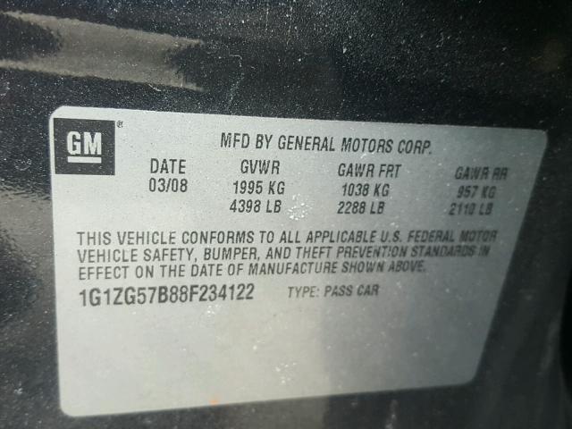 1G1ZG57B88F234122 - 2008 CHEVROLET MALIBU LS შავი ფოტო 10