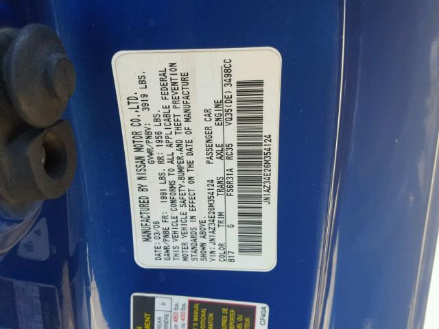 JN1AZ34E26M354124 - 2006 NISSAN 350Z COUPE BLUE photo 10