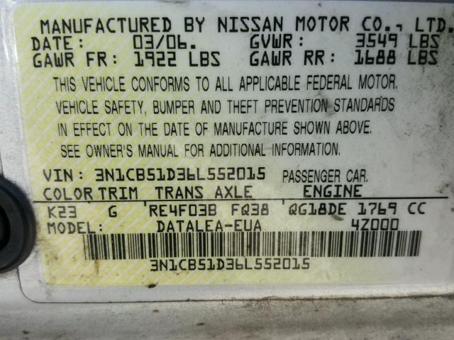 3N1CB51D36L552015 - 2006 NISSAN SENTRA 1.8 SILVER photo 10