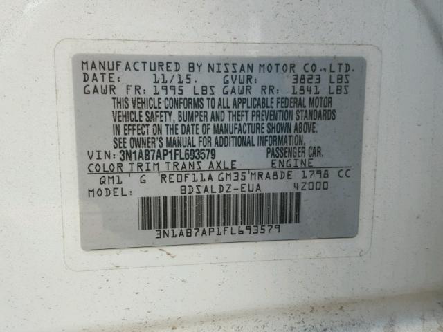 3N1AB7AP1FL693579 - 2015 NISSAN SENTRA S WHITE photo 10