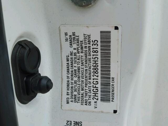 2HGFG12886H518135 - 2006 HONDA CIVIC EX თეთრი ფოტო 10