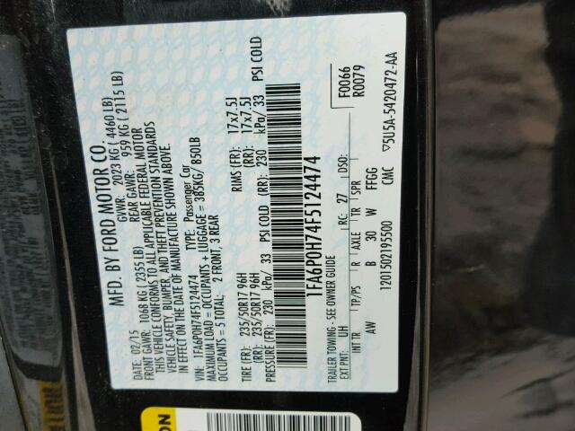 1FA6P0H74F5124474 - 2015 FORD FUSION SE BLACK photo 10