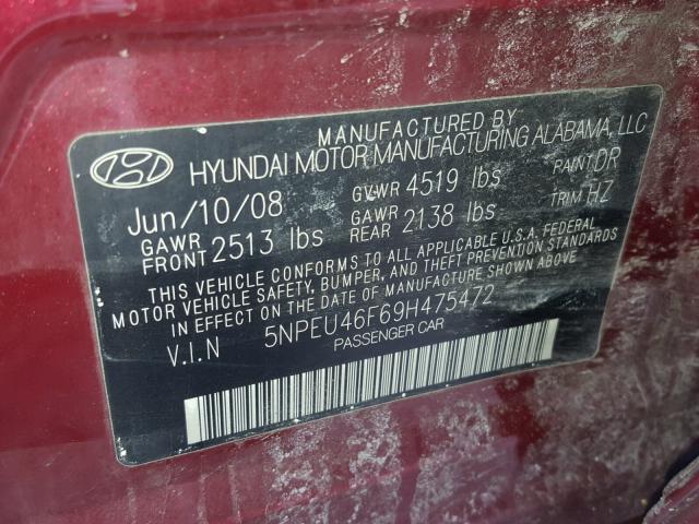 5NPEU46F69H475472 - 2009 HYUNDAI SONATA SE MAROON photo 10