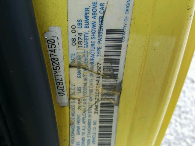 3VWCS21C21M419927 - 2001 VOLKSWAGEN NEW BEETLE ყვითელი ფოტო 10
