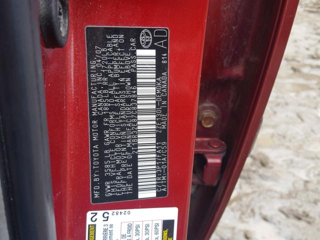 2T1BR32E87C837846 - 2007 TOYOTA COROLLA CE RED photo 10