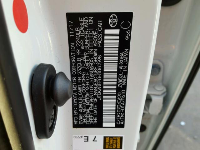 JTDKARFP8H3060598 - 2017 TOYOTA PRIUS PRIM 白色 照片 10