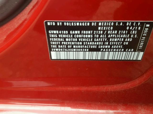 3VWD67AJ4GM369268 - 2016 VOLKSWAGEN JETTA SE RED photo 10