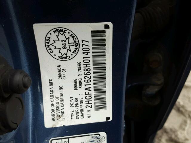 2HGFA16268H014077 - 2008 HONDA CIVIC DX BLUE photo 10