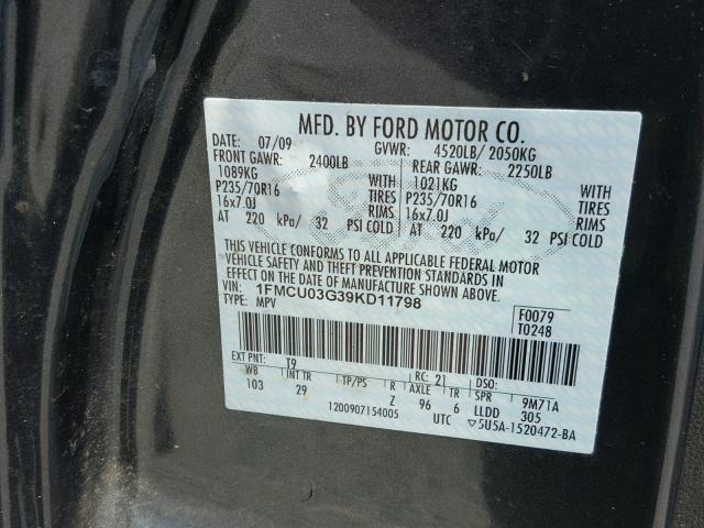 1FMCU03G39KD11798 - 2009 FORD ESCAPE XLT GRAY photo 10