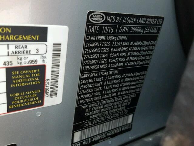 SALWR2KF9GA561579 - 2016 LAND ROVER RANGE ROVE SILVER photo 10