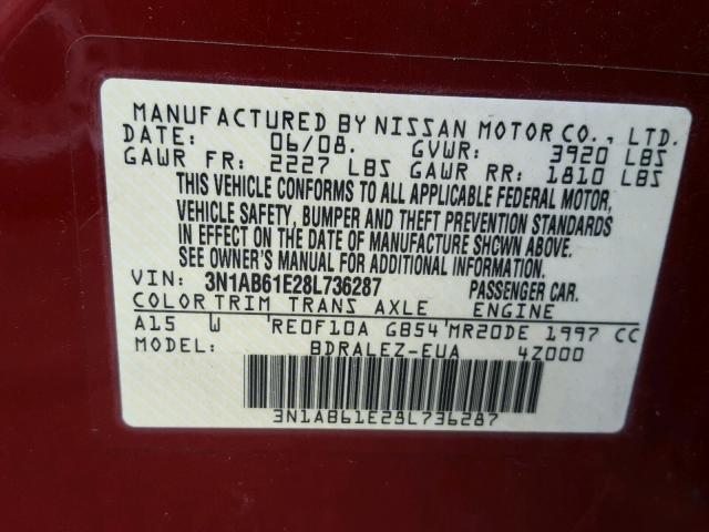 3N1AB61E28L736287 - 2008 NISSAN SENTRA 2.0 BURGUNDY photo 10