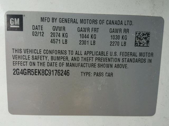 2G4GR5EK8C9176246 - 2012 BUICK REGAL WHITE photo 10