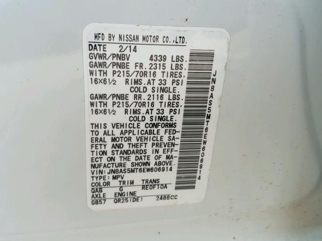 JN8AS5MT6EW606914 - 2014 NISSAN ROGUE SELE WHITE photo 10