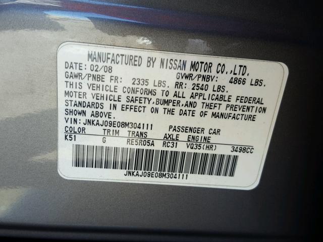 JNKAJ09E08M304111 - 2008 INFINITI EX35 BASE SILVER photo 10