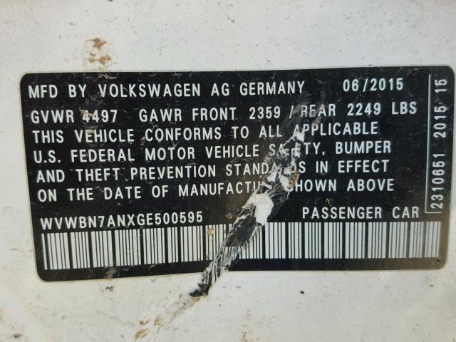 WVWBN7ANXGE500595 - 2016 VOLKSWAGEN CC BASE WHITE photo 10