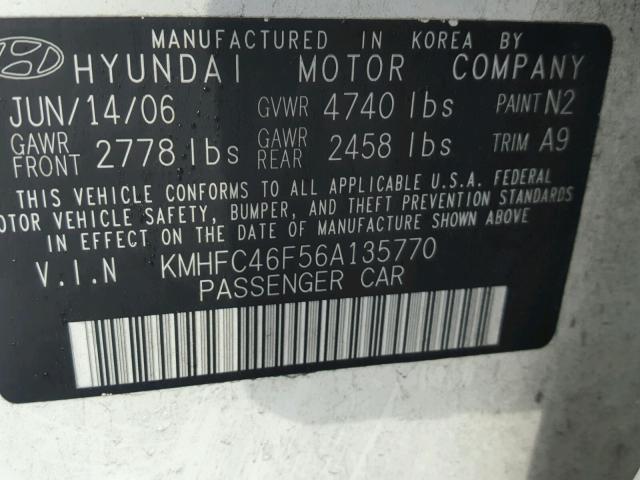 KMHFC46F56A135770 - 2006 HYUNDAI AZERA SE WHITE photo 10