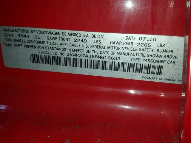 3VWPZ7AJ6BM610633 - 2011 VOLKSWAGEN JETTA S 红色 照片 10