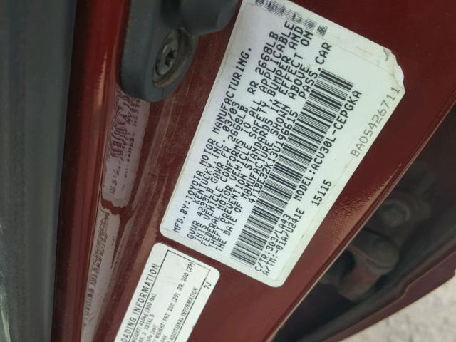 4T1BE32K13U196615 - 2003 TOYOTA CAMRY LE RED photo 10