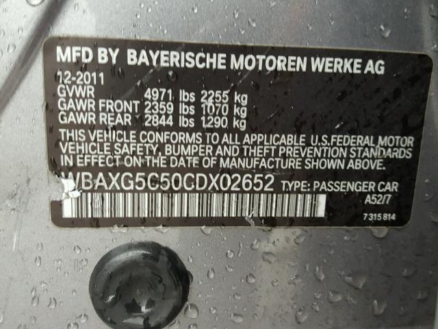 WBAXG5C50CDX02652 - 2012 BMW 528 I GRAY photo 10