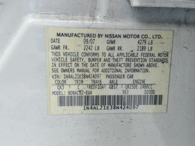 1N4AL21E38N424097 - 2008 NISSAN ALTIMA 2.5 WHITE photo 10